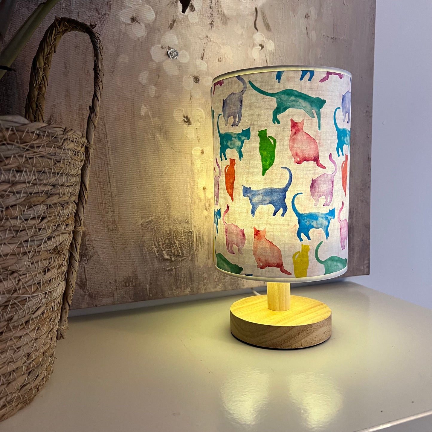 Watercolour Cat Silhouette Lamp with Wooden Base