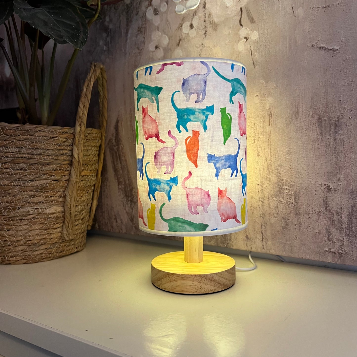 Watercolour Cat Silhouette Lamp with Wooden Base