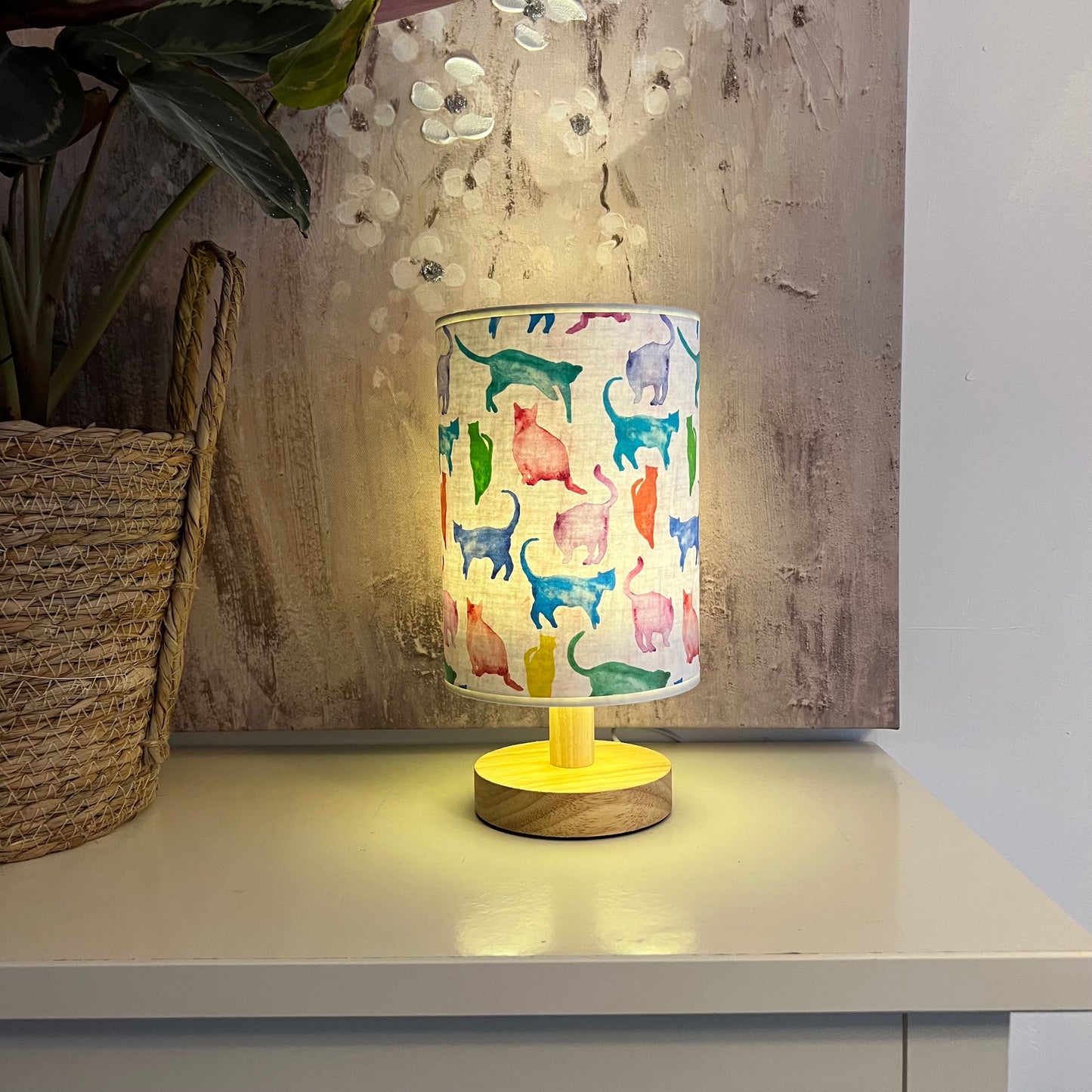 Watercolour Cat Silhouette Lamp with Wooden Base