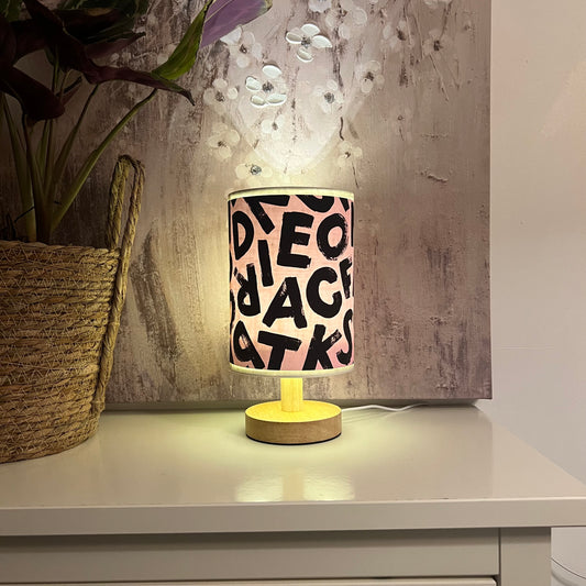 Pink Typography Table Lamp with Wooden Base